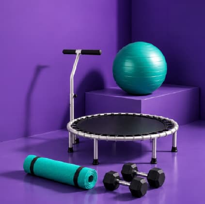 An stc pay advert for a FlyFit fitness bundle, with a trampoline, gym ball and dumbbells