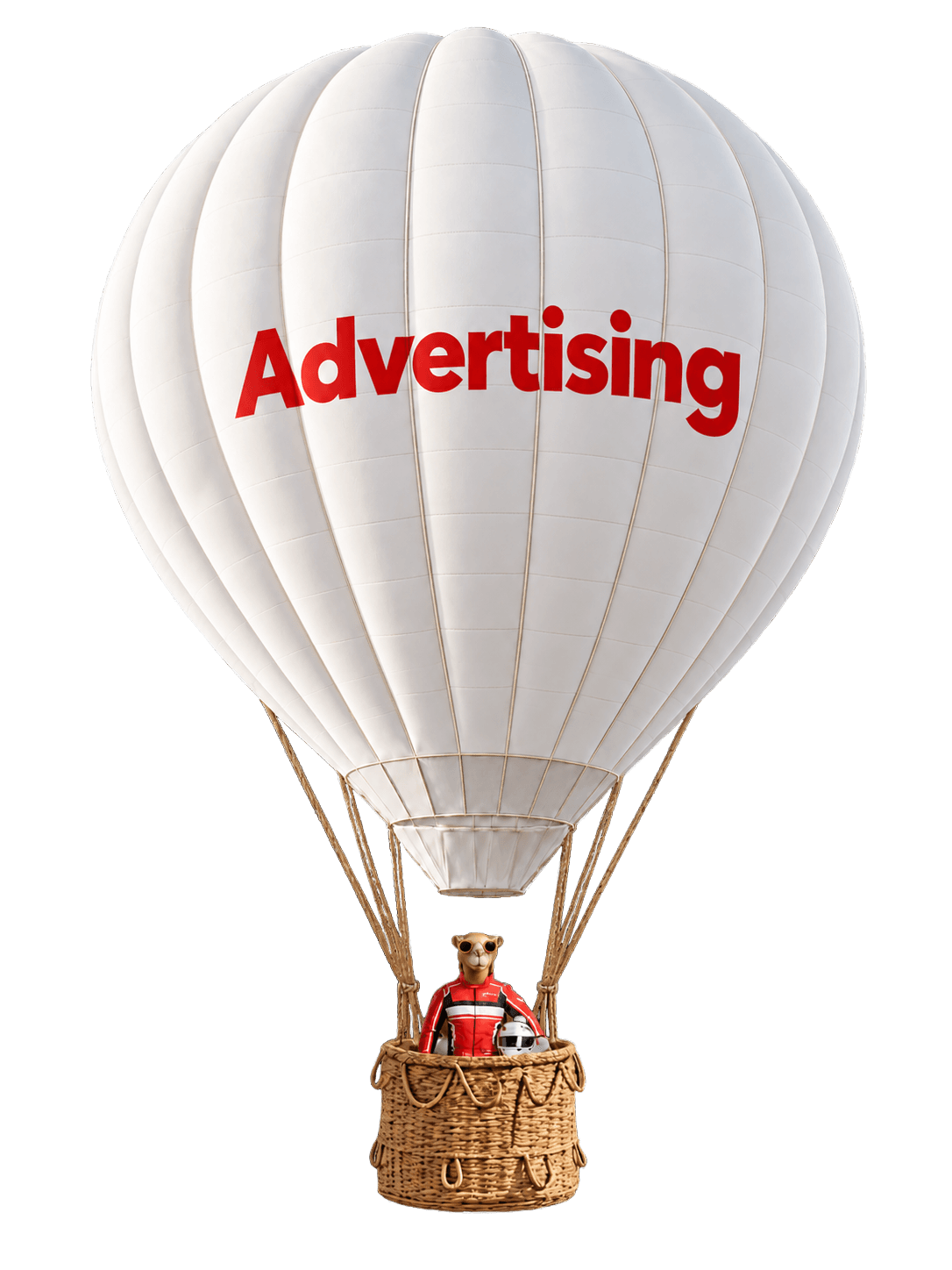 A white hot-air balloon reading Advertising, flown by the Red Scarf camel