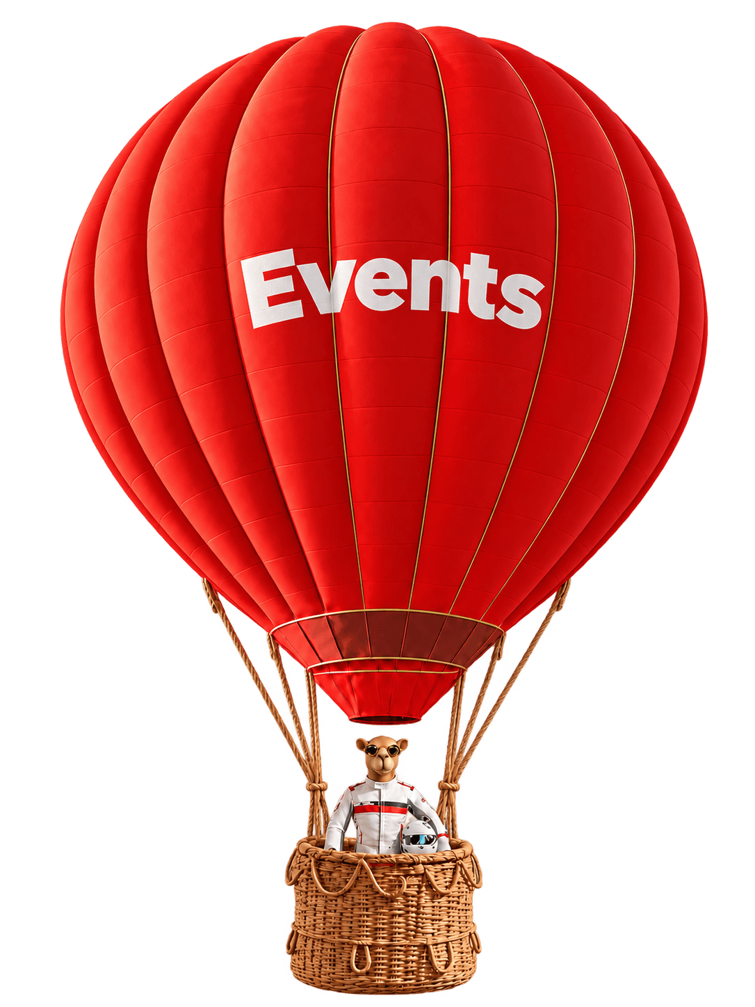 A red hot-air balloon reading Events, flown by the Red Scarf camel