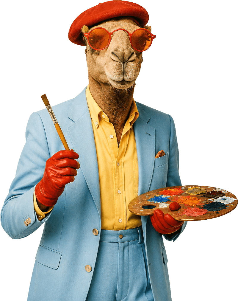 The Red Scarf camel in a beret and blue suit, holding a paintbrush and palette