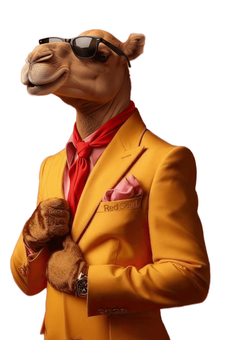 The Red Scarf camel in a yellow suit and sunglasses