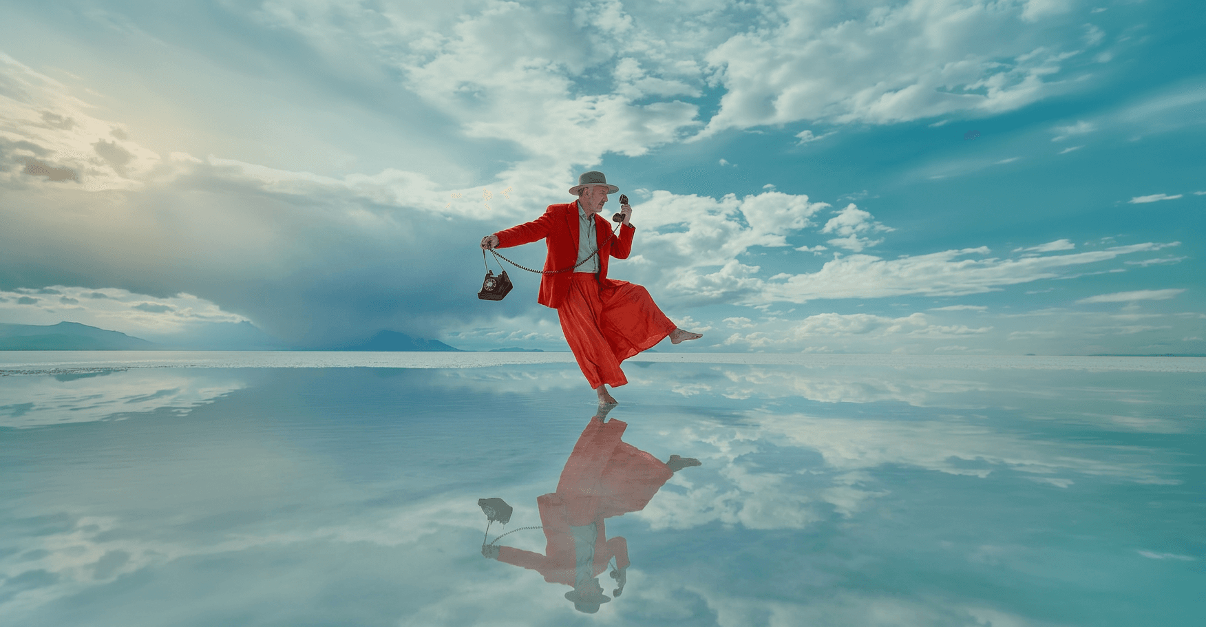 A man in a red suit dances across a mirror-like salt flat, holding a rotary phone to his ear