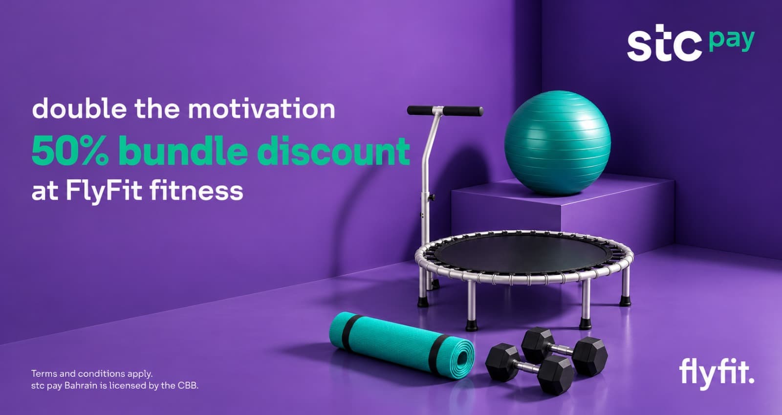 An STC Pay advert for a 50% FlyFit fitness bundle discount