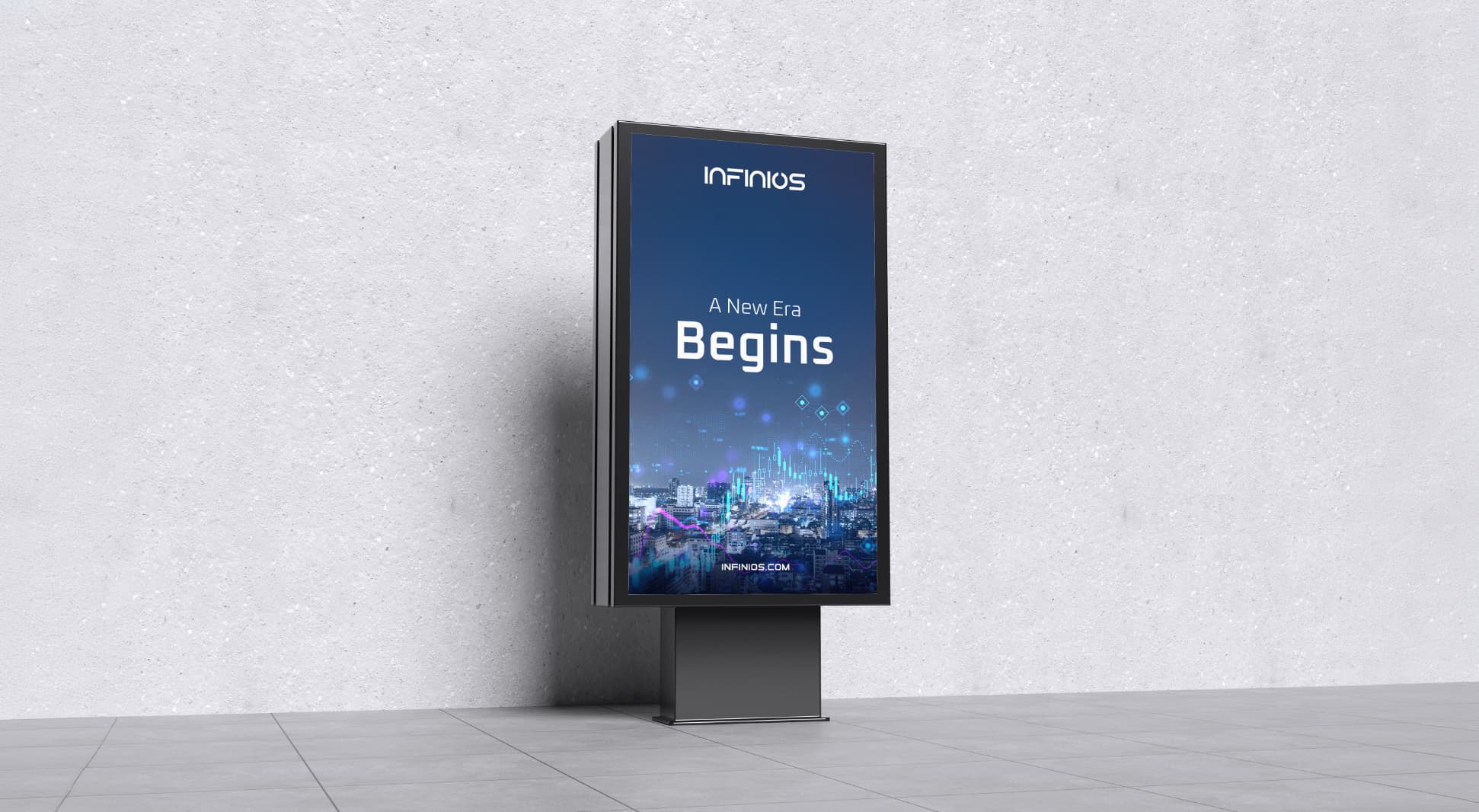 A street sign displaying a city at night under the word “Begins”