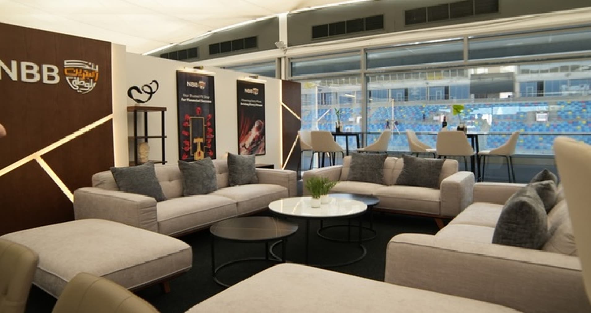 The NBB Formula 1 Paddock Lounge, its sofas facing the circuit